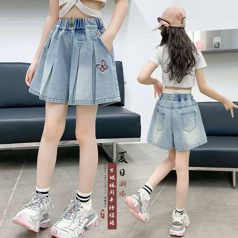 女童牛仔短裙裤夏季松紧蝴蝶结图片