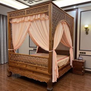 中式仿明清月洞拔步架子床仿真丝血牙色柔肤纱花边装饰防蚊床幔