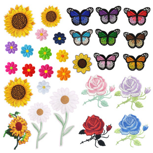 创意款 饰熨烫 布贴蝴蝶向日葵刺绣贴玫瑰花绣花图案补丁刺绣布贴装