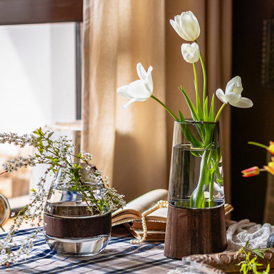 掬涵轻奢木托玻璃花瓶摆件高级感客厅插花水养鲜花餐桌插花花器