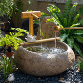 日式 仿鹅卵石石钵竹子流水器户外庭院花园阳台景观招财循环水摆件