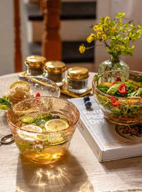 掬涵日式手工玻璃餐具琥珀色沙拉碗碟盘网红甜品水果碗盘零食盘