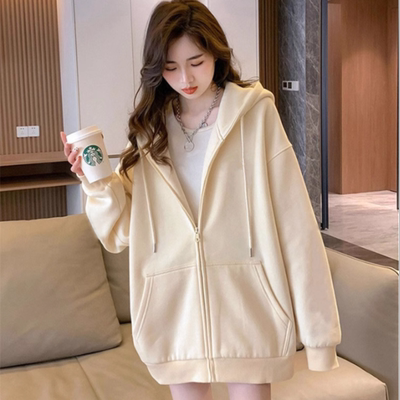 杏色连帽卫衣女2024秋冬新款时尚加绒加厚拉链开衫韩国高品质外套