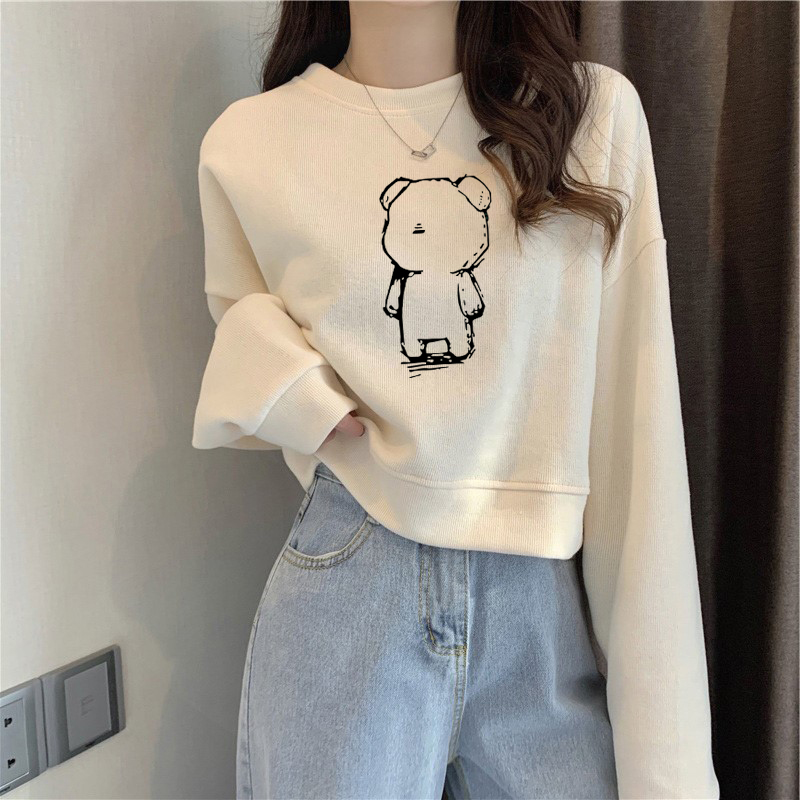 短款圆领卫衣女杏色2023秋冬新款宽松设计感小众小个子百搭长袖