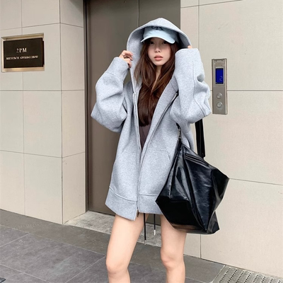 拉链连帽卫衣女开衫外套秋冬季新款纯色宽松休闲百搭黑色长袖上衣