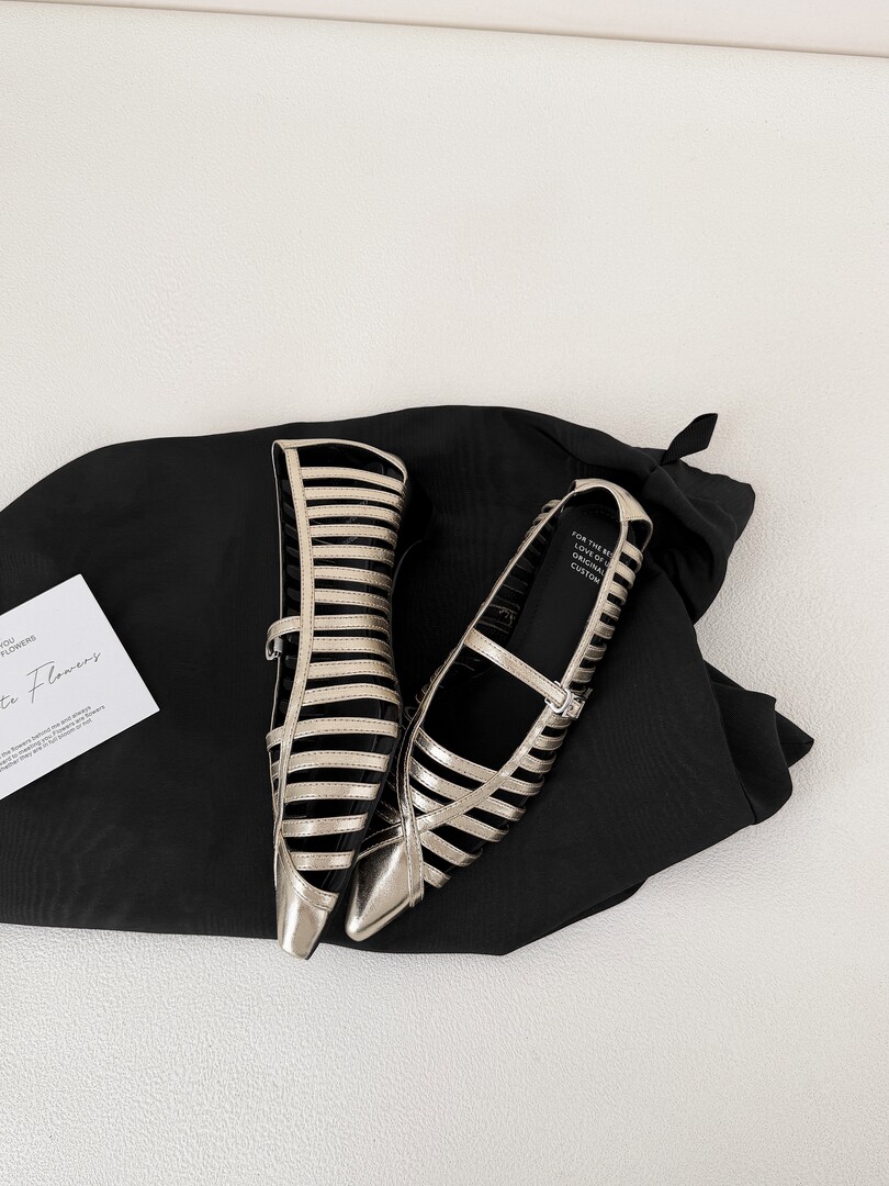 Pair of metallic strappy pointed-toe flats on a black background