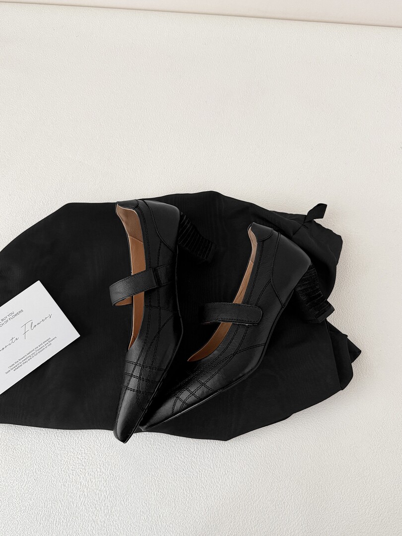 Black pointed-toe Mary Jane heels displayed on black fabric