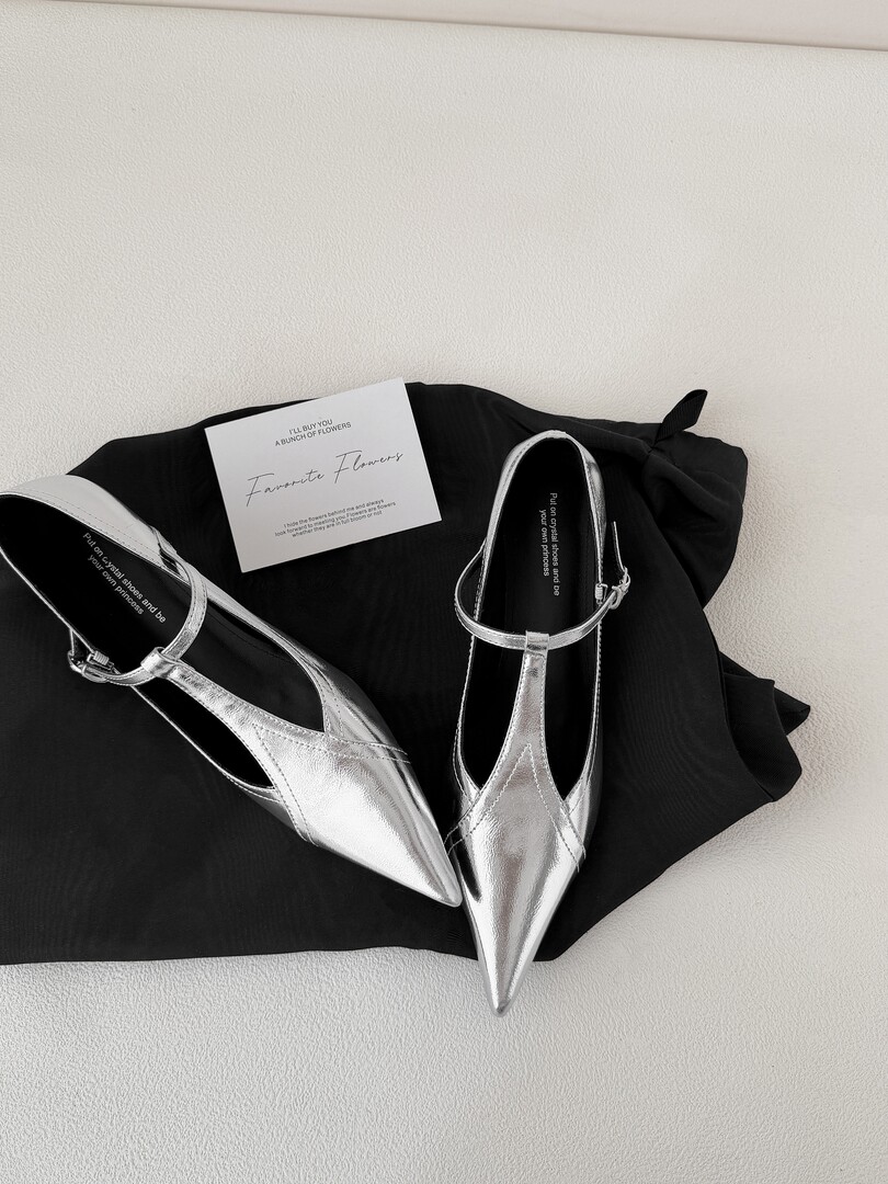 Silver pointed slingback heels displayed on a black cloth with a small card