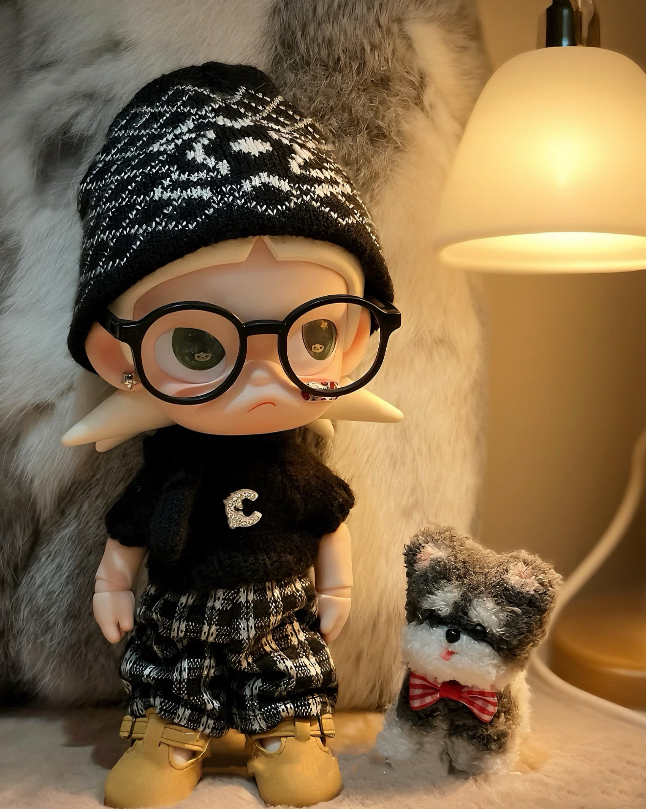 zsiga冬季黑白毛衣套装娃衣姜饼人帽子眼镜穿搭嘎子姐可爱休闲裤