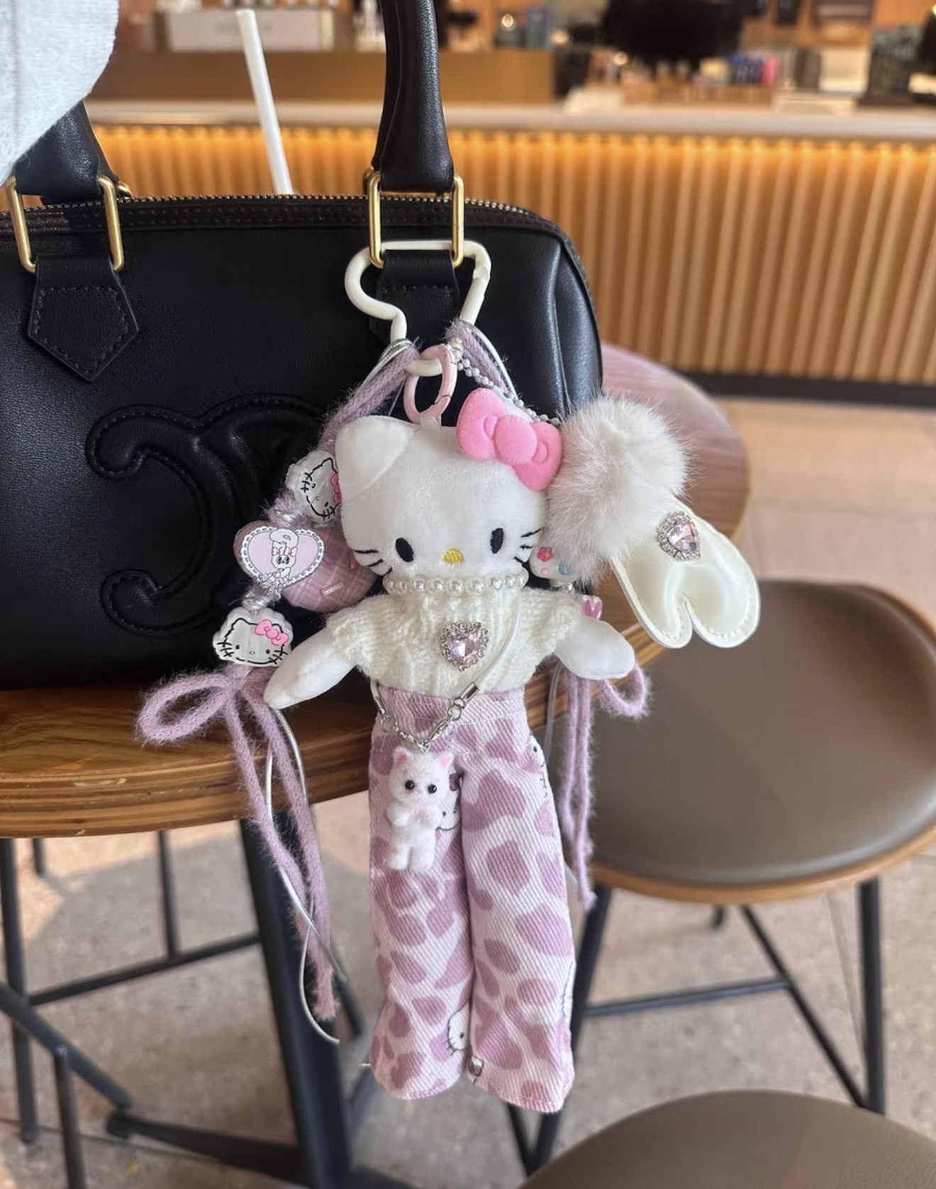 中古长腿hellokitty包包挂件钥匙扣50周年黑皮豹纹kt猫女玩偶公仔