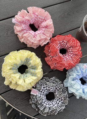 韩系格子花边大肠发圈蓝黑色多层撞色百搭饱满头绳丸子头发绳发饰