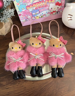 粉色皮草kt长腿猫咪挂件冬季包挂黑皮kitty粉色系穿搭包包配件