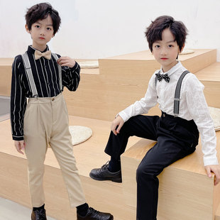 六一儿童表演服2025新款男童白色条纹衬衫套装主持人宝宝花童礼服