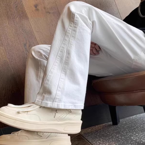 潮流潮牌修身白色微喇春秋牛仔裤男直筒裤子美式高街vibe痞帅长裤