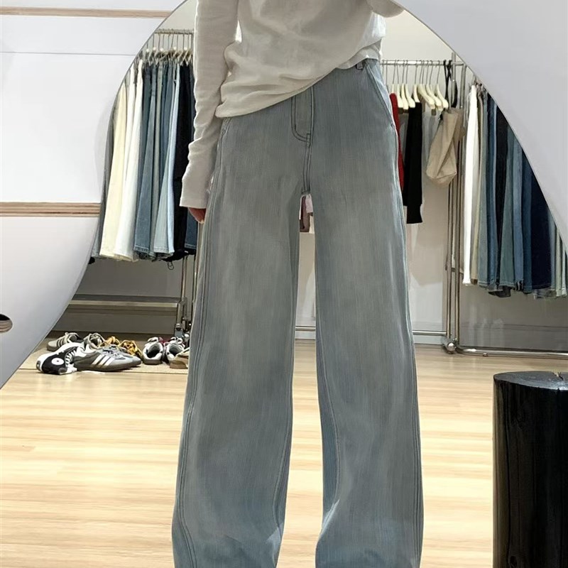 适用浅蓝色d加绒加厚直筒牛仔裤女冬季胖妹妹mm高腰显瘦梨形身材