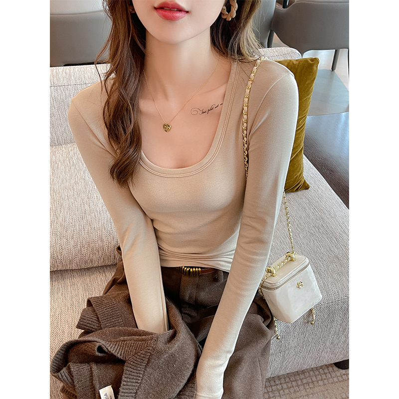 适用圆领打底衫女内m搭2024新款春秋冬季外穿修身显瘦保暖u领长袖