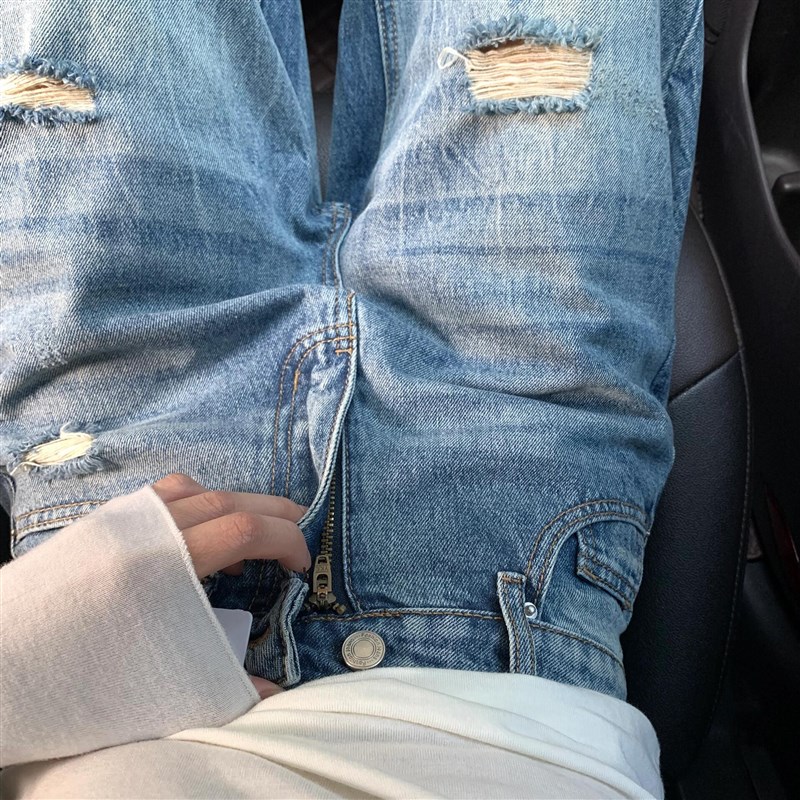 适用美式高街复古蓝破洞牛仔裤女夏季新款高腰显瘦垂感.拖地阔腿
