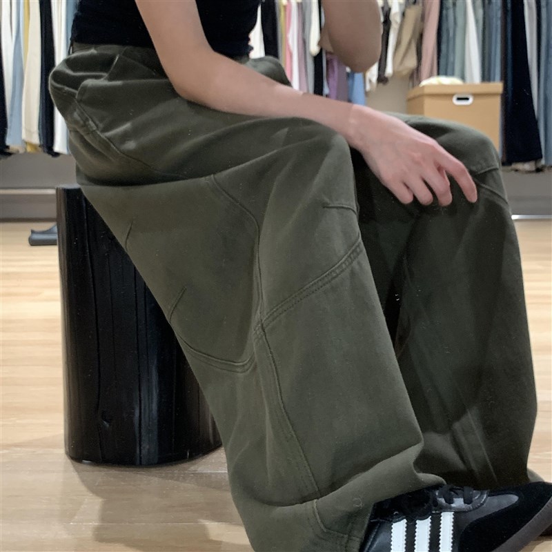 适用美式复e古军绿色工装阔腿牛仔裤女夏季新款设计感宽松慵懒风