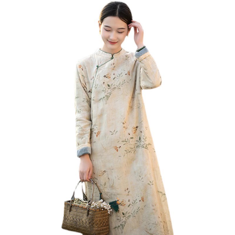 适用捡漏新中式i改良棉麻旗袍裙女秋冬宽松加绒加厚立领斜襟碎花