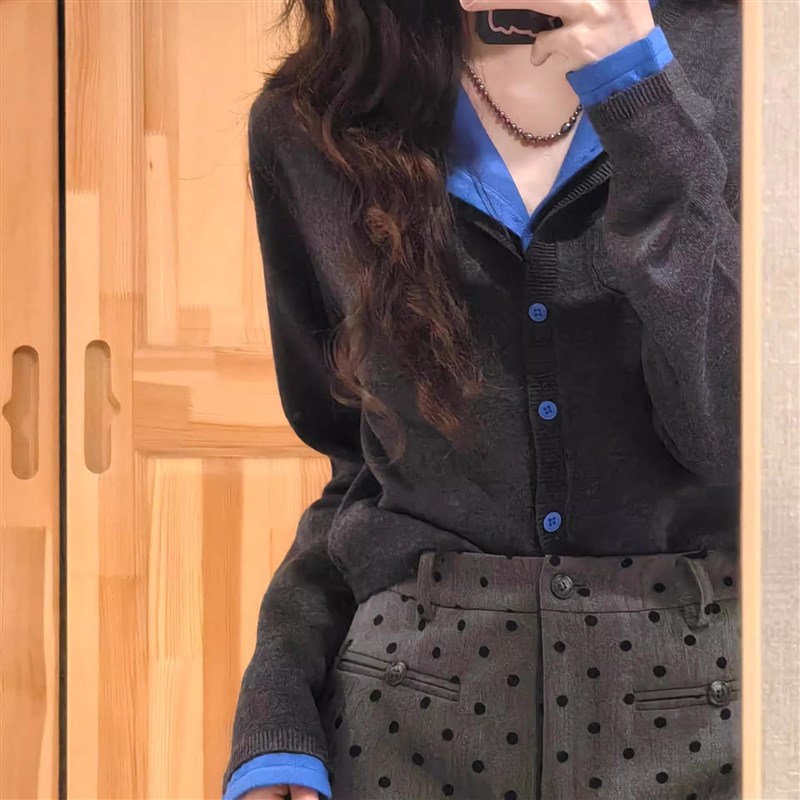 适用法国Rixo Rane 撞色假两件针织衫女毛P衣软糯开衫复古长袖