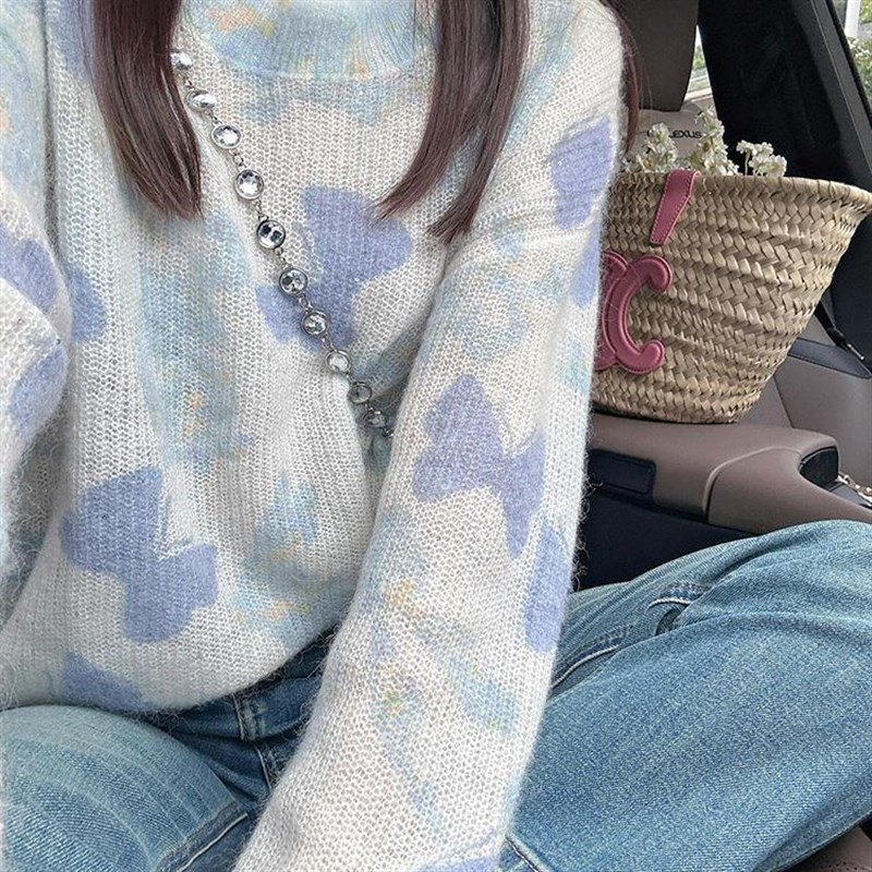 适用法国Rixo lRane 舒适仙女风法式蓝色扎染慵懒宽松短款针织