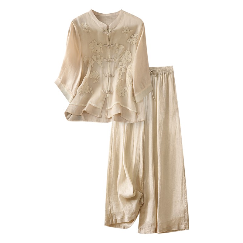 适用新中式国风j套装女士夏季装中年妈妈棉麻七分袖上衣高端亚麻