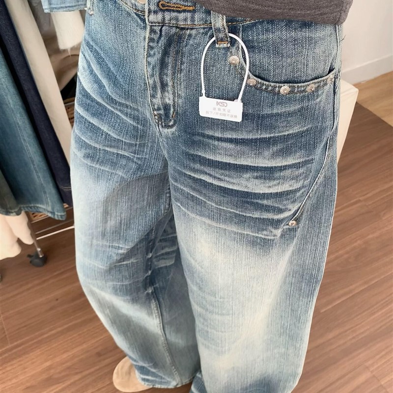 适用美式覆古h水洗做旧阔腿牛仔裤女秋冬新款浅蓝色高腰显瘦拖地