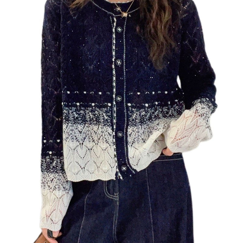 适用渐变色满天星针织开衫女秋季新款小香L风宽松撞色长袖毛衣外