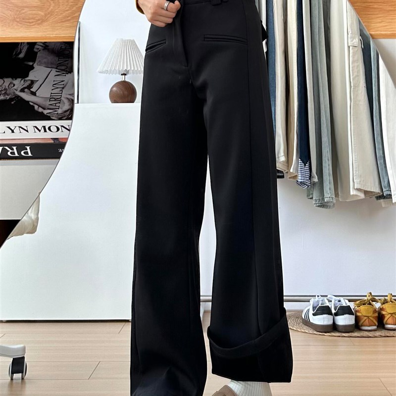 适用黑色西装f裤女秋冬加绒加厚胖妹妹mm设计感高腰宽松显瘦休闲