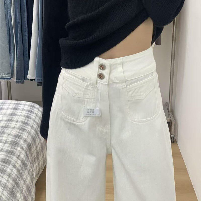 适用白色阔腿牛仔裤女秋季新款胖妹妹mm高腰N显瘦垂感高级感直筒