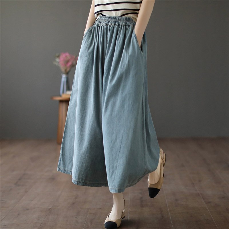 适用春夏季新款松紧腰牛仔休闲y阔腿裤裙女士时尚文艺宽松大码七