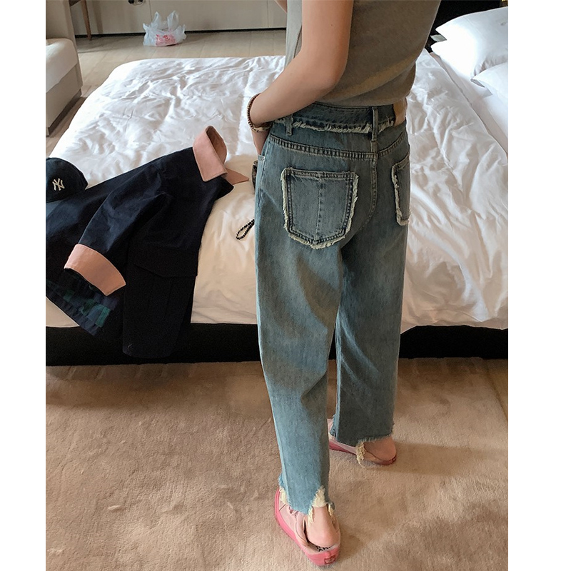 适用梨形大码f女装胖妹妹mm复古破洞牛仔直筒早春宽松显瘦九分裤2