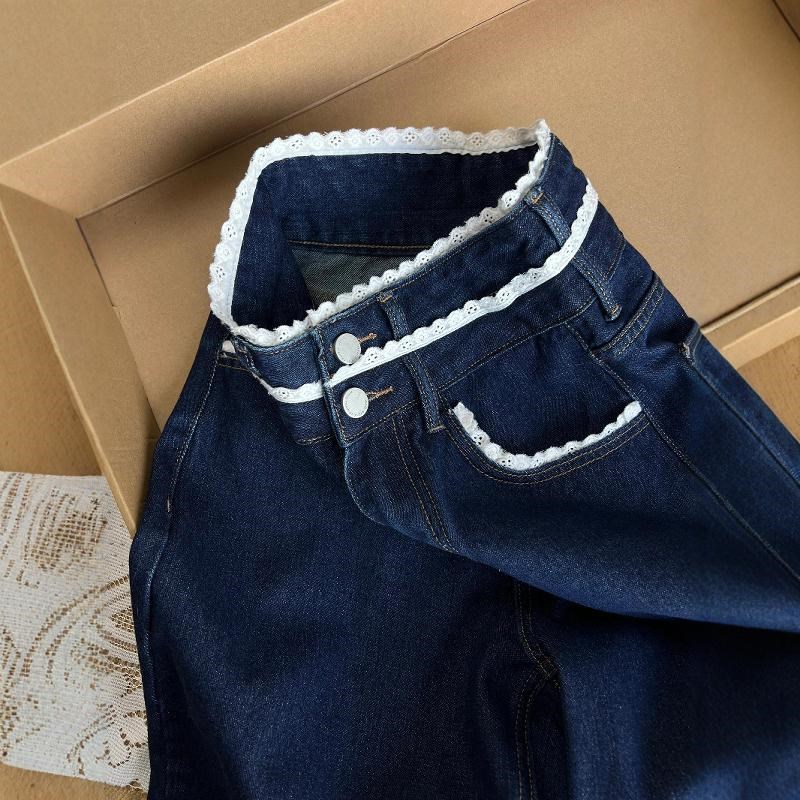 适用设计感蕾丝边高腰直筒牛仔z裤女夏季新款深蓝色宽松显瘦窄版