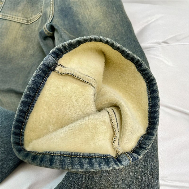 适用美式c复古加绒加厚微喇牛仔裤女冬季胖妹妹mm高腰遮胯梨型身