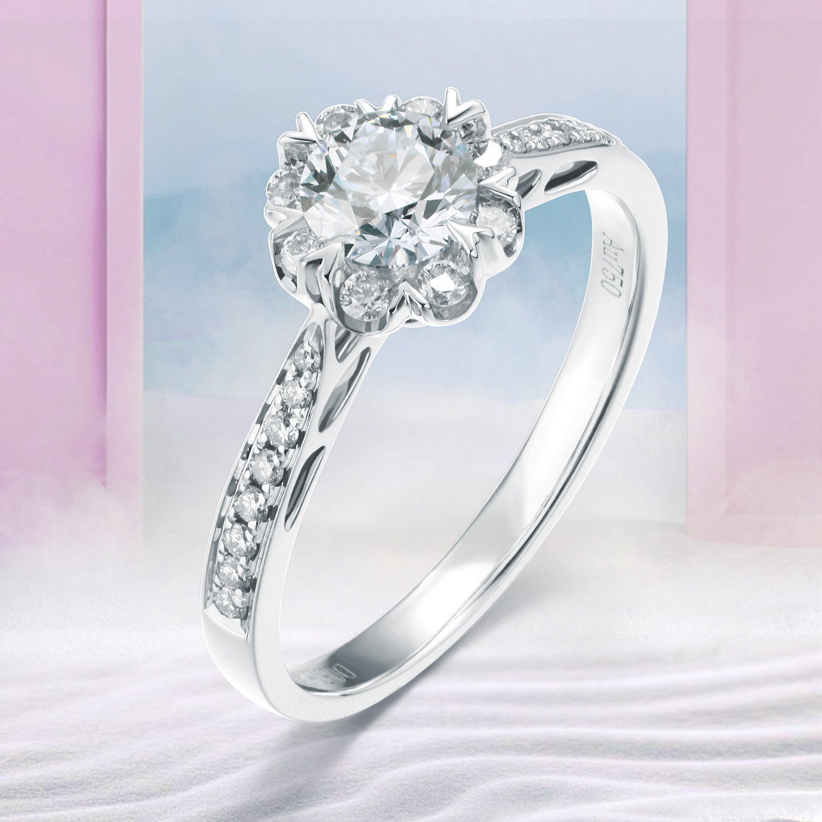珂兰 白18k金钻石戒指钻戒30分花苞豪镶款订婚结婚求婚戒指女定制