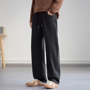 复古洗水斜纹棉休闲裤男纯色拼接裤子2025新款宽松简约百搭长裤子