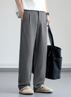 老钱风莱赛尔亚麻直筒休闲裤男士2026春夏季宽松百搭灰色通勤裤子