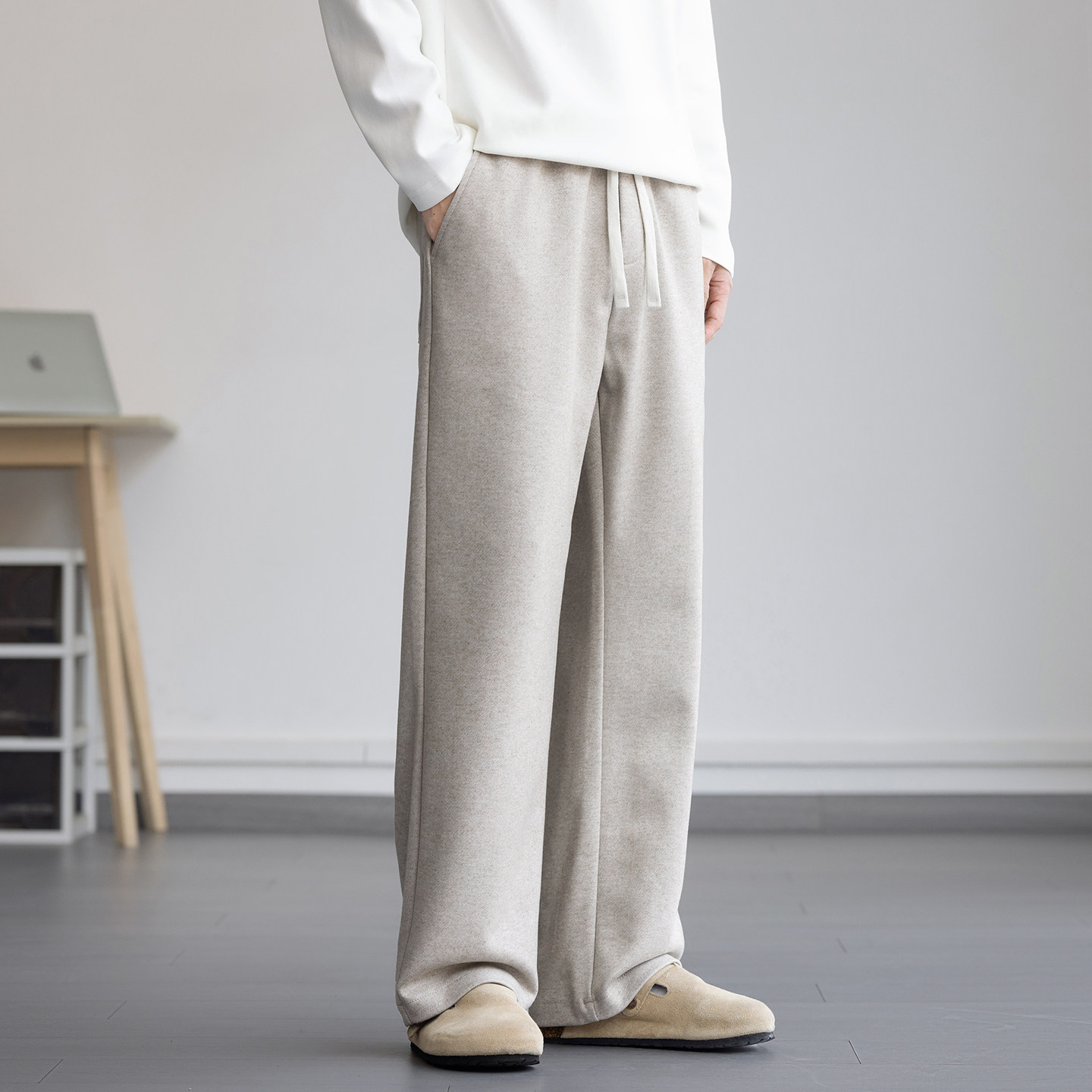 高级感杏色卫裤男士加厚保暖休闲裤冬季新款宽松直筒垂感裤子