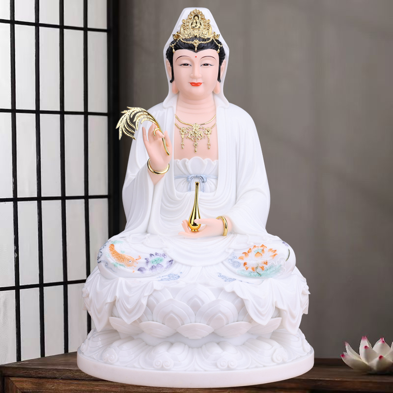 仿瓷观音菩萨佛像摆件坐莲家用供奉南海观世音树脂坐莲像娑婆三圣
