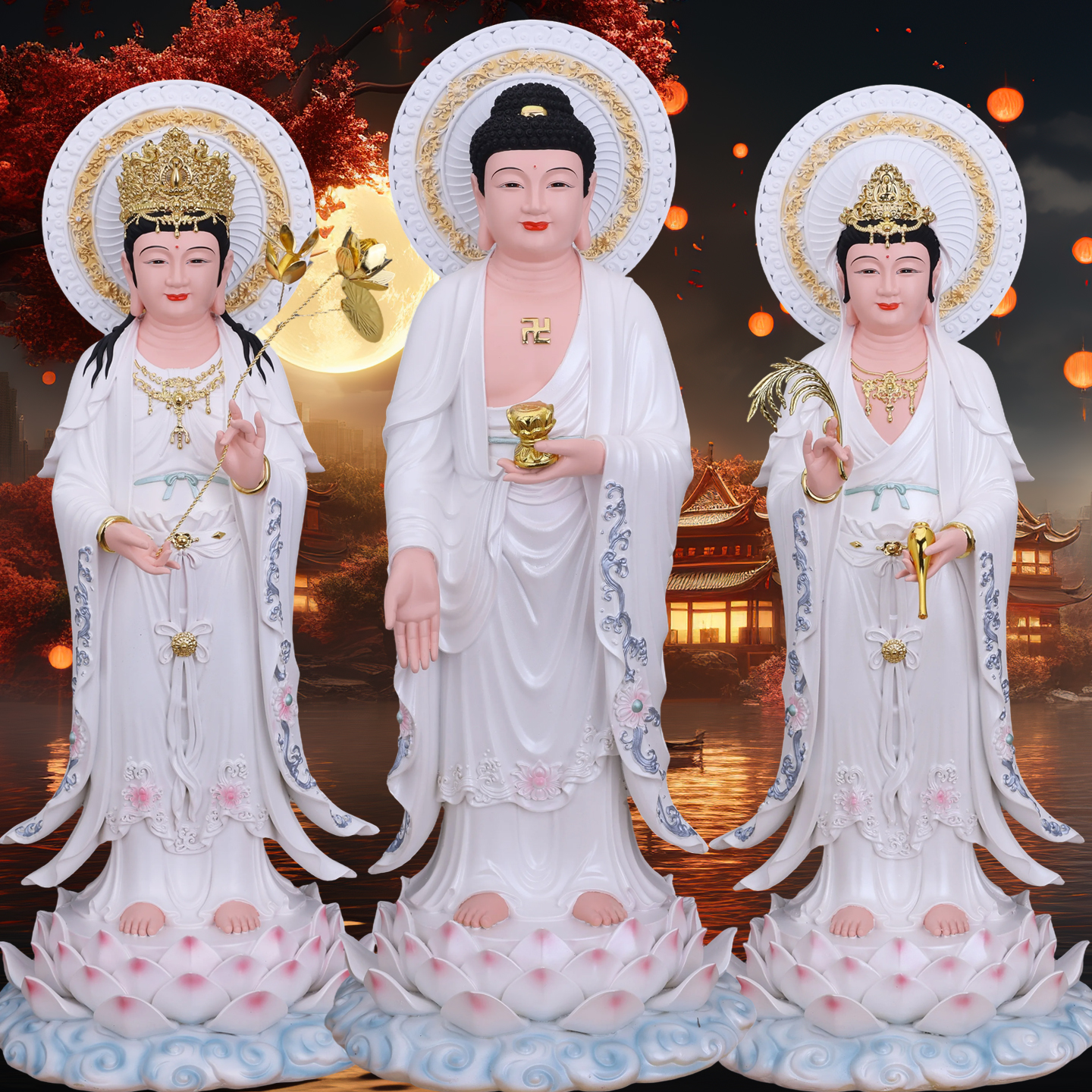 白衣西方三圣佛像阿弥陀佛大势至观音菩萨站像树脂观世音摆件家用