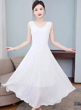 雪纺2024夏季新款连衣裙女无袖中长款收腰系带大裙摆吊带背心长裙