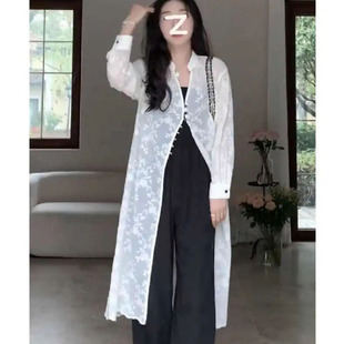 高级感别致防晒上衣 女春夏法式 高级设计感镂空小立领长款 蕾丝开衫