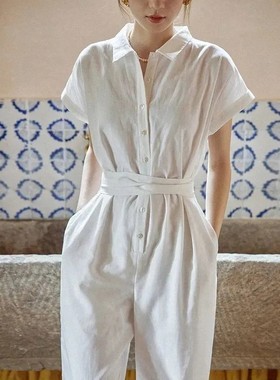 2026夏季新款法式卡其色套装女装简约翻领系带连体裤长裤两件套潮
