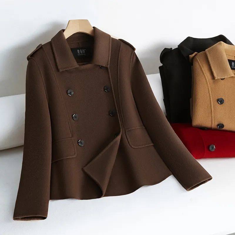 高端双面呢大衣女纯色短款小个子双排扣修身显瘦2025秋季毛呢外套,女装/女士精品,毛呢外套,淘宝优惠券,粉丝福利购,淘宝优惠卷