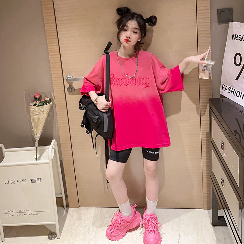 儿童炸街时髦短袖大t中长款夏装新款女大童纯棉宽松半袖渐变t恤潮
