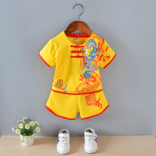 婴儿唐装黄马褂 宝宝汉服百天周岁短袖小朋友生日服小孩抓周礼0-4