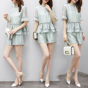 2017新款女装夏装两件套裤雪纺短袖上衣短裤荷叶边休闲时尚套装女