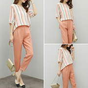 2017新款女装春装两件套裤条纹上衣九分裤棉麻休闲时尚套装女夏装