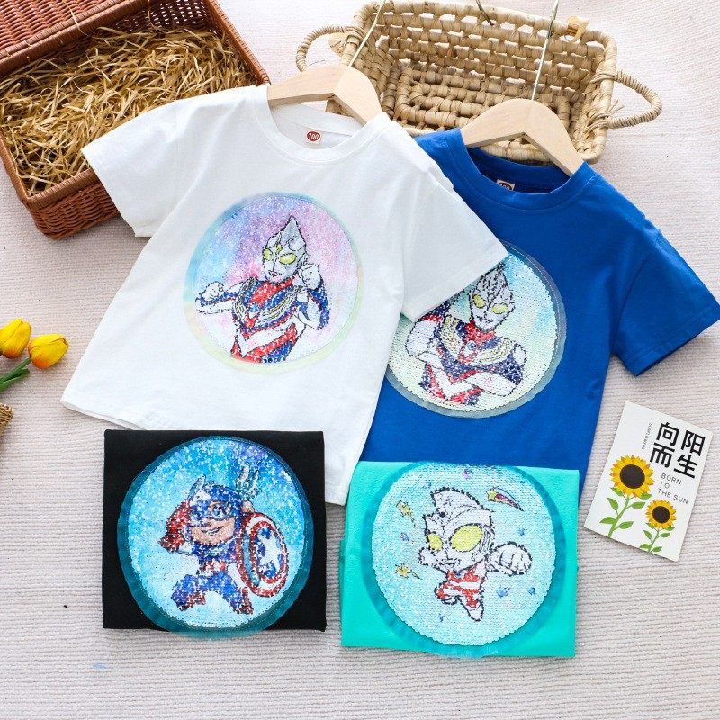 2026新款男童短袖T恤奥特曼儿童夏季纯棉亮片翻转变色蜘蛛侠上衣