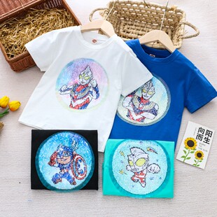 2026新款男童短袖T恤奥特曼儿童夏季纯棉亮片翻转变色蜘蛛侠上衣